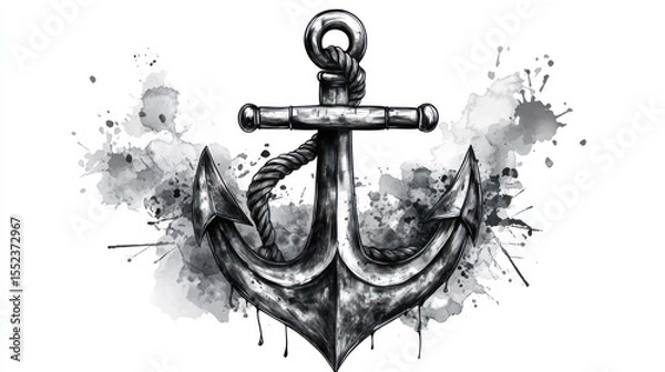 Fototapeta Detailed, artistic rendering of a metal anchor with rope, over grey ink splatters