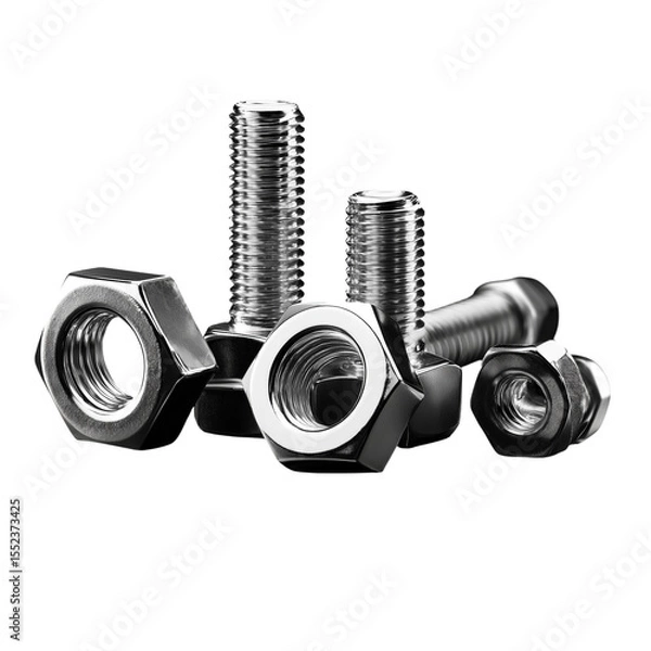 Fototapeta Macro closeup of chrome metal nuts and bolts, isolated on a white background, perfect for industrial hardware and construction themes
