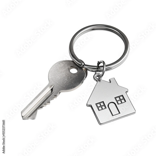 Fototapeta A silver house key on a ring, symbolizing home security and real estate success, isolated against a white background