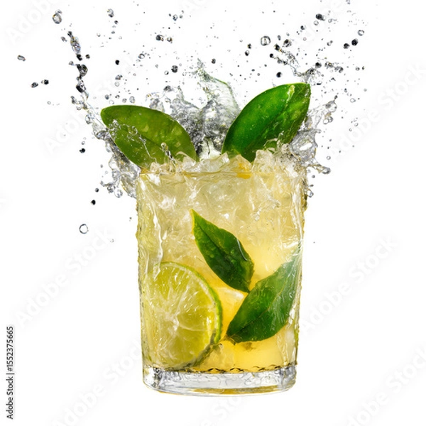 Fototapeta A refreshing glass of green mojito with lime, mint, and ice, perfect for a cool summer drink