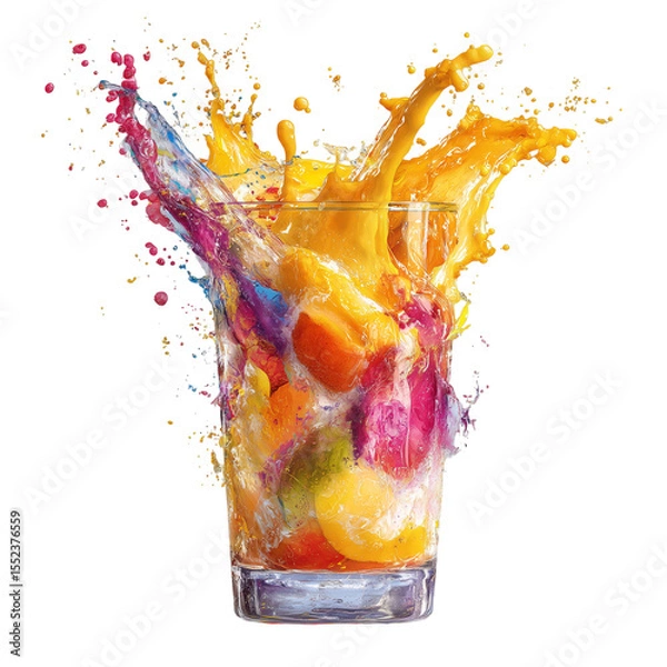 Fototapeta Refreshing orange juice splashes into a glass with ice, a cool beverage for a hot day