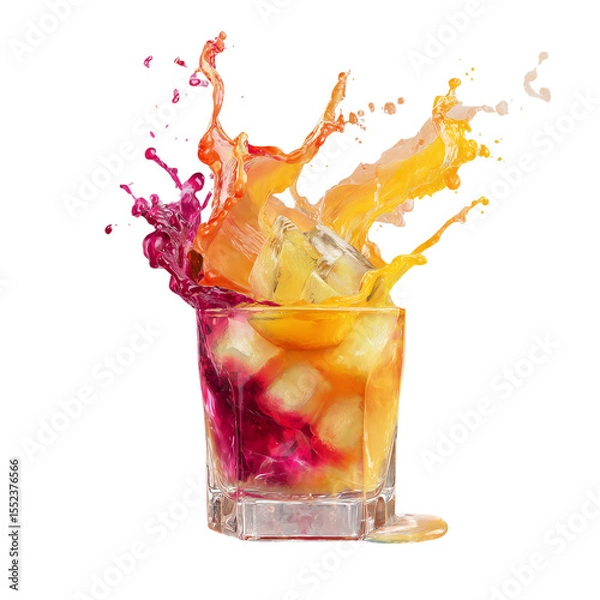 Fototapeta A cold orange juice splash in a glass with ice