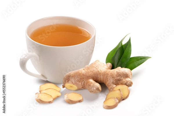 Obraz Cup of hot ginger tea with ginger slice and leaves isolated on white background.