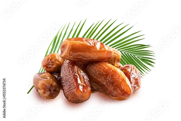 Obraz Dried date fruits with leaves isolated on white background.