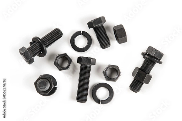 Obraz Nuts and bolts isolated on white background. Top view