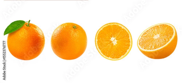 Obraz Fresh whole orange fruit with cut in half and leaves  isolated on white background.