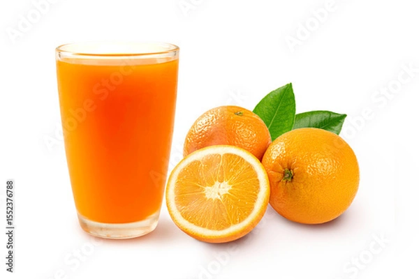 Obraz Orange juice in glass with orange fruit with half and leaves isolated on white background.