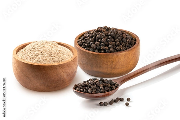 Obraz Black pepper and ground black pepper in a wooden bowl  and spoon isolated on white background.