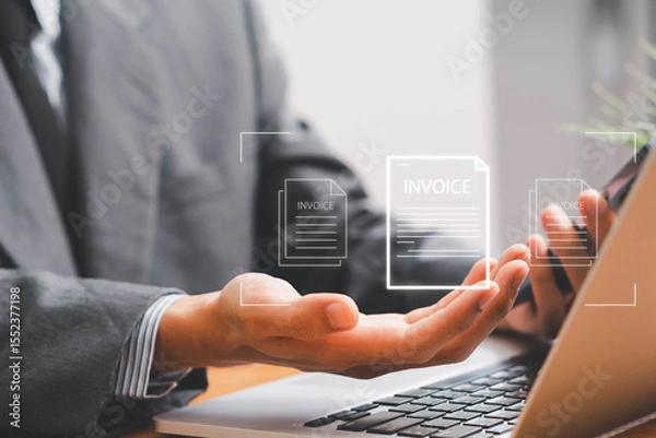 Fototapeta E-Invoice and Digital billing concept, Invoice, Businessman using laptop to manage electronic statements virtual screen. E-tax, Digital receipt, Online invoice processing and tax accounting solutions.