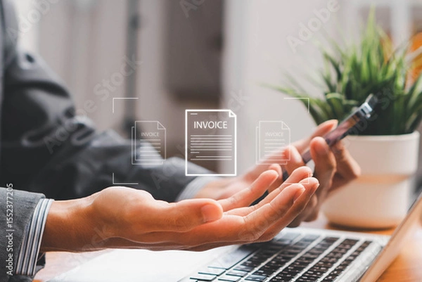 Fototapeta E-Invoice and Digital billing concept, Invoice, Businessman using laptop to manage electronic statements virtual screen. E-tax, Digital receipt, Online invoice processing and tax accounting solutions.