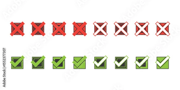 Obraz Kolorowe ikony checkbox – zielone zaznaczenia i czerwone krzyżyki. Wektorowy zestaw do wykorzystania w projektach.