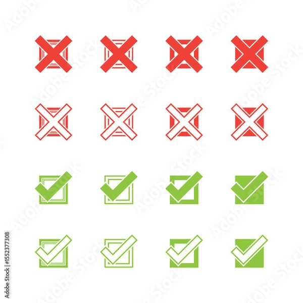 Obraz Kolorowe ikony checkbox – zielone zaznaczenia i czerwone krzyżyki. Wektorowy zestaw do wykorzystania w projektach.