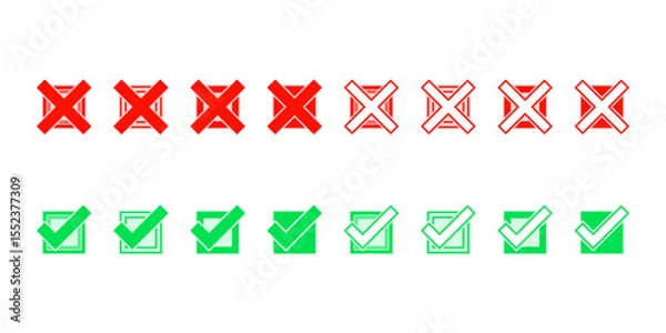 Obraz Kolorowe ikony checkbox – zielone zaznaczenia i czerwone krzyżyki. Wektorowy zestaw do wykorzystania w projektach.