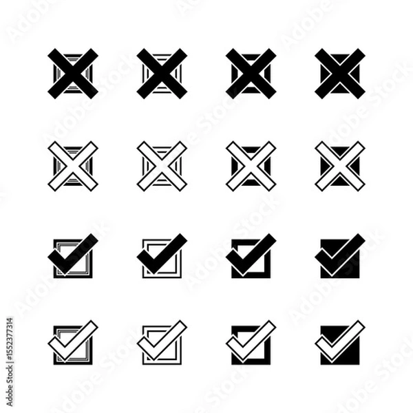Obraz Zestaw czarno-białych ikon checkbox – zaznaczenia i przekreślenia. Wektorowy zestaw do wykorzystania w projektach.