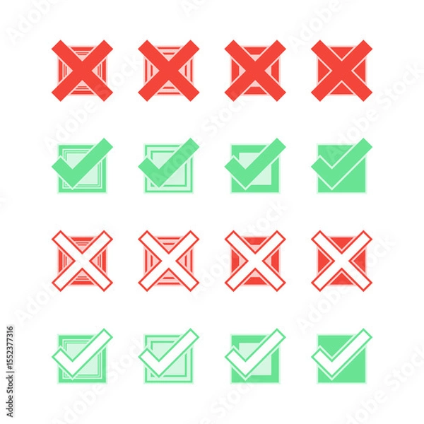 Obraz Kolorowe ikony checkbox – zielone zaznaczenia i czerwone krzyżyki. Wektorowy zestaw do wykorzystania w projektach.