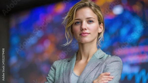 Fototapeta Confident businesswoman with crossed arms standing in front of colorful digital screen, professional and poised expression.