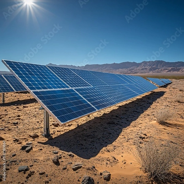 Fototapeta solar panels in desert under clear sky, minimal shadows, wide angle