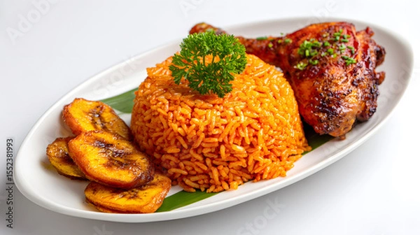 Fototapeta Vibrant Plate of Authentic Nigerian Jollof Rice with Grilled Chicken and Fried Plantains Garnished with Parsley