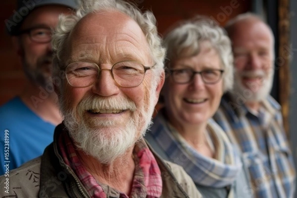 Fototapeta Portrait of happy senior friends smiling and looking at camera in home