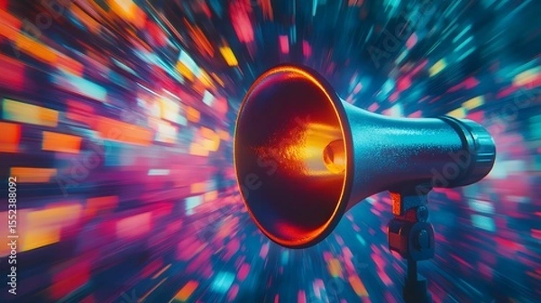 Fototapeta Striking megaphone positioned in a colorful tunnel illustrating the dynamic nature of digital marketing engagement