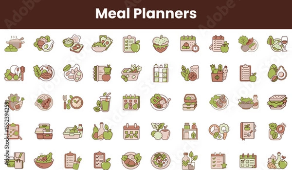 Fototapeta A vibrant collection of meal planner icons featuring healthy foods, cooking utensils, and nutritional elements, perfect for meal preparation and planning enthusiasts.