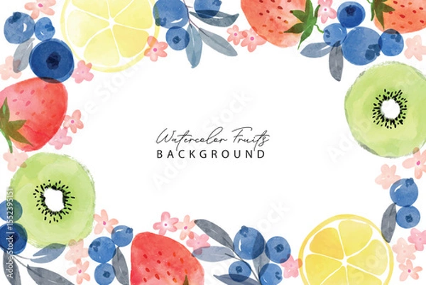 Obraz Set of summer fruits watercolor art pattern frame background. Sweet kiwi, strawberry, blueberry and lemon in frame.Summer fruits pattern. Fruit berry background. Watercolor fruit texture
