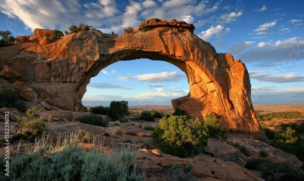 Fototapeta Magnificent rock arch landscape under a cloudy sky in warm sunlight