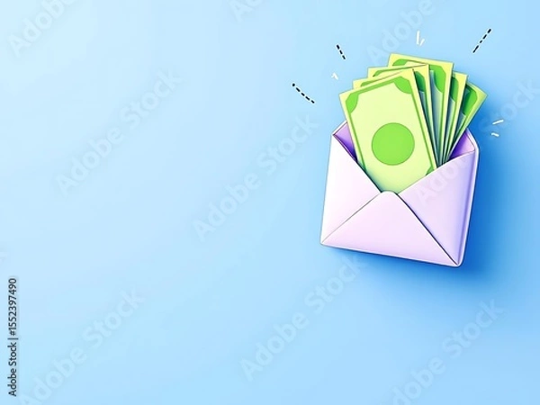 Fototapeta 3D envelope with green cash inside and exclamation marks. Perfect for illustrating payment, bonuses, finance apps, salary notifications, or online transaction messages