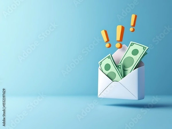 Fototapeta 3D envelope with green cash inside and exclamation marks. Perfect for illustrating payment, bonuses, finance apps, salary notifications, or online transaction messages
