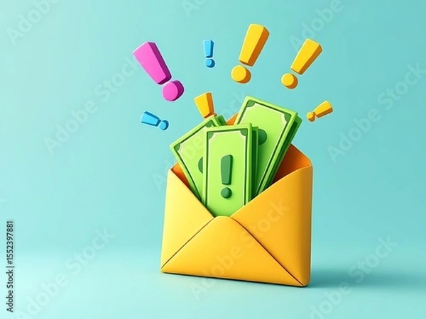 Fototapeta 3D envelope with green cash inside and exclamation marks. Perfect for illustrating payment, bonuses, finance apps, salary notifications, or online transaction messages