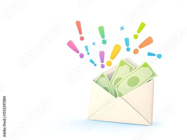 Fototapeta 3D envelope with green cash inside and exclamation marks. Perfect for illustrating payment, bonuses, finance apps, salary notifications, or online transaction messages