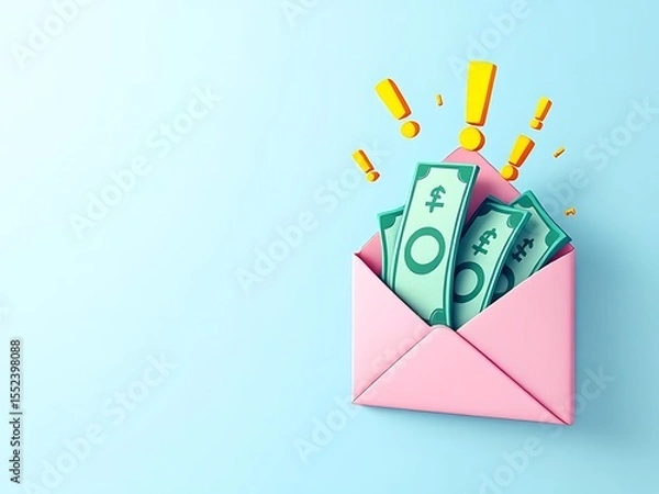 Fototapeta 3D envelope with green cash inside and exclamation marks. Perfect for illustrating payment, bonuses, finance apps, salary notifications, or online transaction messages