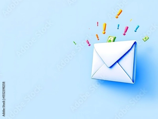 Fototapeta 3D envelope with green cash inside and exclamation marks. Perfect for illustrating payment, bonuses, finance apps, salary notifications, or online transaction messages