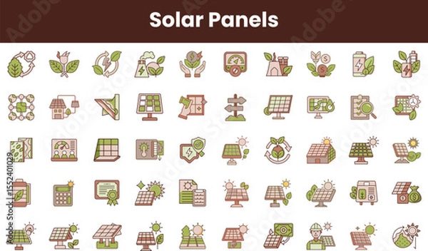 Fototapeta A diverse collection of solar panel icons illustrating renewable energy concepts, featuring modern designs and eco-friendly elements in soft green and earthy tones.