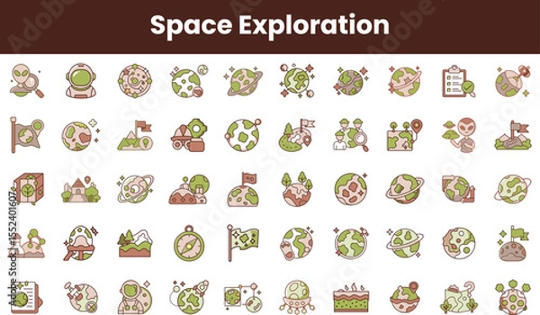 Fototapeta A vibrant collection of space exploration icons featuring astronauts, planets, and stars, showcasing the diversity and adventure of exploring the universe.