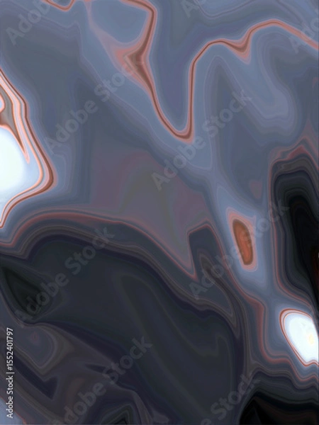 Fototapeta A dark abstract marble design featuring swirling shades of black, gray, and muted blue with hints of soft peach outlining the fluid shapes.

