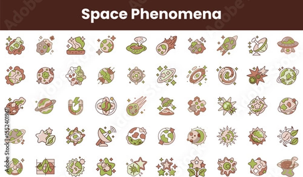 Fototapeta A colorful illustration of various space phenomena including planets, stars, and astronomical events, featuring a whimsical design with green and brown tones.
