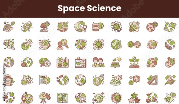 Fototapeta A colorful collection of space science icons showcasing planets, astronauts, and scientific tools, symbolizing exploration and environmental awareness.