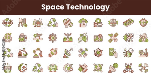 Fototapeta A vibrant collection of space technology icons featuring green and earth tones, representing innovation in sustainability, exploration, and research in outer space.