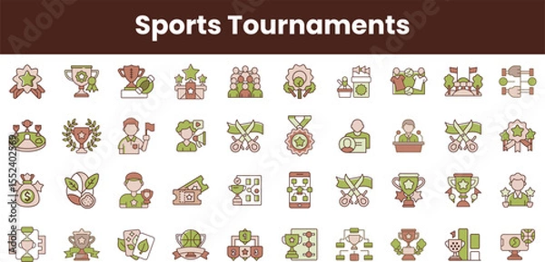 Fototapeta A vibrant collection of sports tournament icons featuring various themes like trophies, medals, athletes, and events, showcasing the spirit of competition in a playful style.