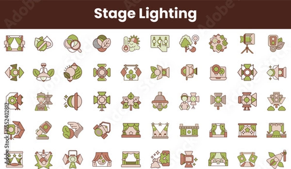 Fototapeta A collection of diverse stage lighting icons in a minimalist design featuring earthy tones. Ideal for theater, film, and event planning design projects.