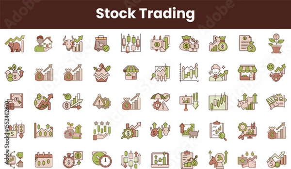 Fototapeta A diverse set of stock trading icons featuring bull and bear symbols, charts, and financial elements in earthy tones, illustrating dynamic market activity.