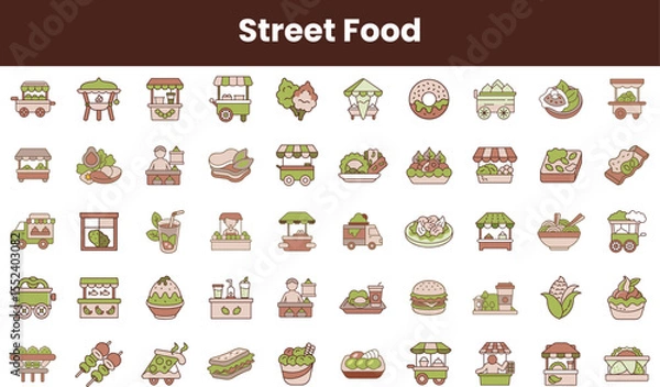 Fototapeta A colorful array of street food icons, showcasing various food trucks, dishes, and beverages perfect for any food lover's delight.