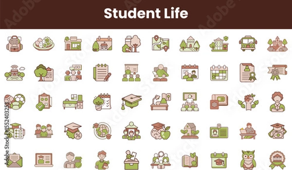 Fototapeta A colorful collection of student life icons, featuring elements like food, school activities, and academic achievements, representing the vibrant essence of education.