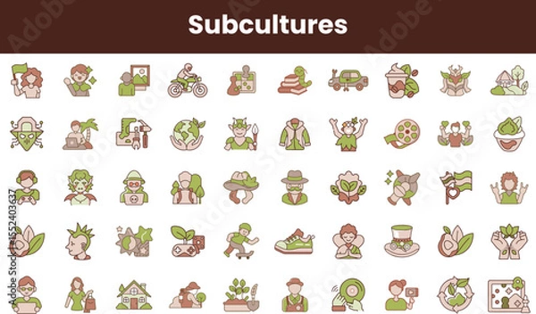 Fototapeta A vibrant collection of icons representing various subcultures, featuring eco-friendly themes and hobbies, showcasing diversity and community engagement in a playful design.