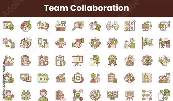 Fototapeta A diverse set of icons representing team collaboration, featuring tasks like communication, project management, and group discussions in a harmonious color scheme.