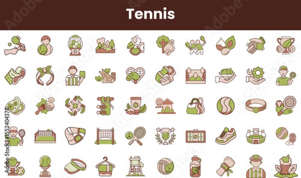 Fototapeta A colorful collection of tennis-themed icons, showcasing various aspects of the sport such as players, equipment, and court elements in a playful design.