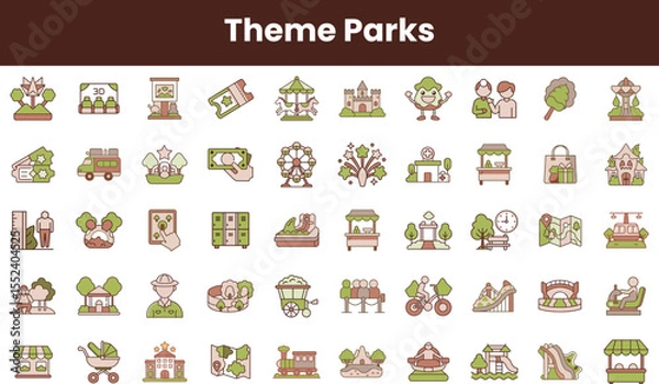 Fototapeta A colorful collection of playful icons representing various elements of theme parks, including rides, attractions, and activities, all in a whimsical and engaging style.