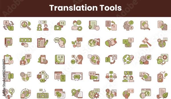 Fototapeta A collection of various translation tools icons, featuring diverse symbols related to language, communication, and technology in a vibrant, modern design.
