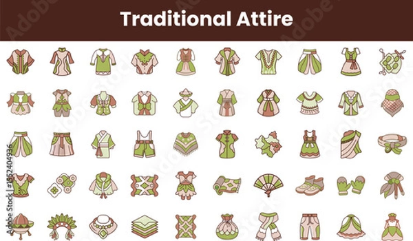 Fototapeta A vibrant collection of traditional attire featuring diverse designs in shades of green and beige, showcasing cultural richness and intricate patterns.